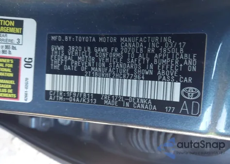 2017 Toyota Corolla Le from USA, damaged, VIN 2T1BURHE2HC877964